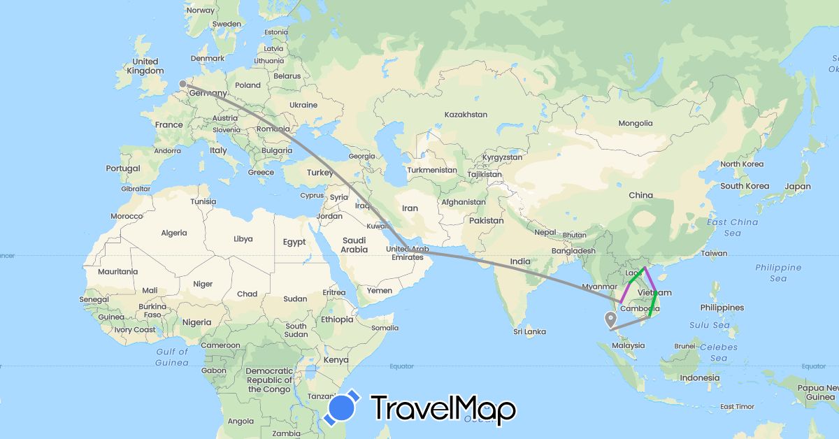 TravelMap itinerary: driving, bus, plane, train in United Arab Emirates, Laos, Netherlands, Thailand, Vietnam (Asia, Europe)